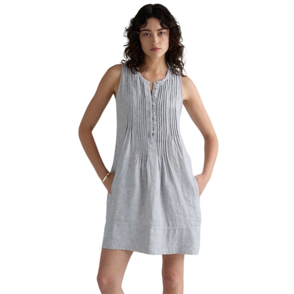 Quince Women Blue White 100% European Linen Sleeveless Swing Pocket Dress M